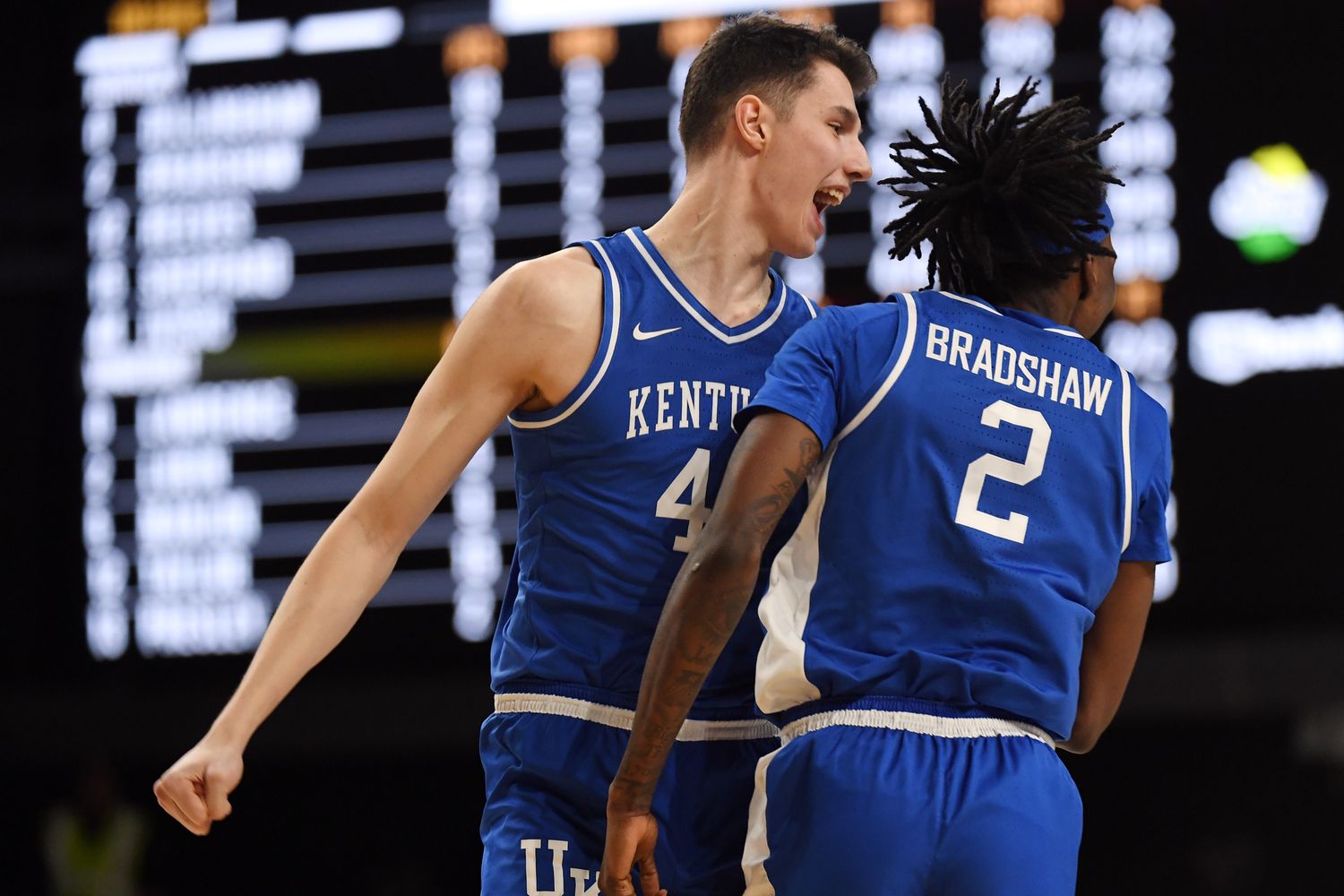 Feb 6, 2024; Nashville, Tennessee, USA; Kentucky Wildcats forward Zvonimir Ivisic (44) celebrates with forward Aaron Bradshaw (2) after a basket during the second half against the Vanderbilt Commodores at Memorial Gymnasium. Mandatory Credit: Christopher Hanewinckel-USA TODAY Sports